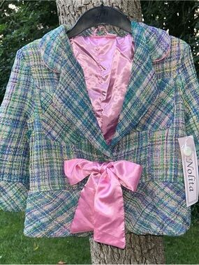 Y2K Deadstock Nolita Pastel Tweed Blazer Jacket w/ Big Pink Satin Bow Accent